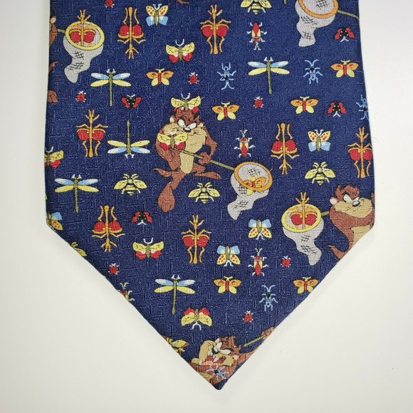 Looney Tunes Taz Tazmanian Devil Butterflies Dragonflies Necktie Tie Navy EUC - Picture 2 of 10